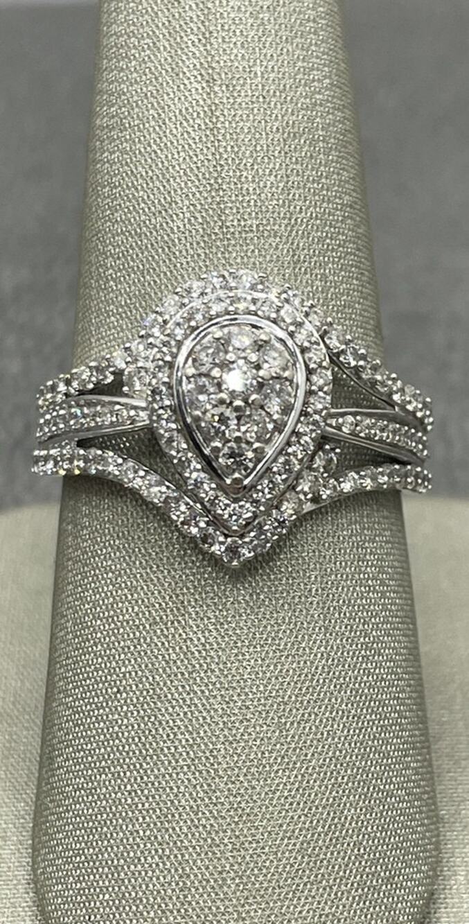 10K White Gold Pear Shaped Split Shank Cluster Diamond Ring (16742)